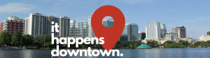 It Happens Downtown logo with skyline of downtown orlando